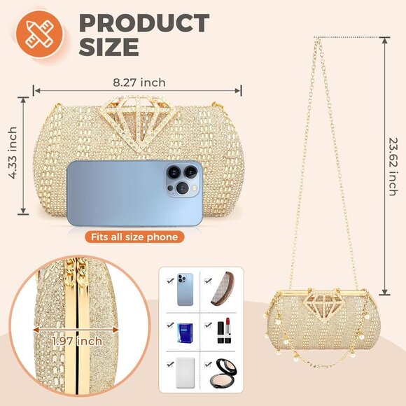 Gold rhinestone evening clutch with pearl chain, 8.3x4.3 inch - Picture 4 of 6